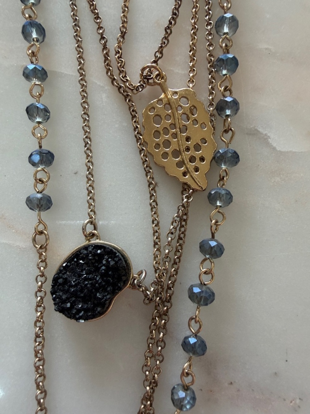 Parklane Gold-Tone Layered Necklace with Black Druzy and Blue Bead Accents - Picture 4 of 5